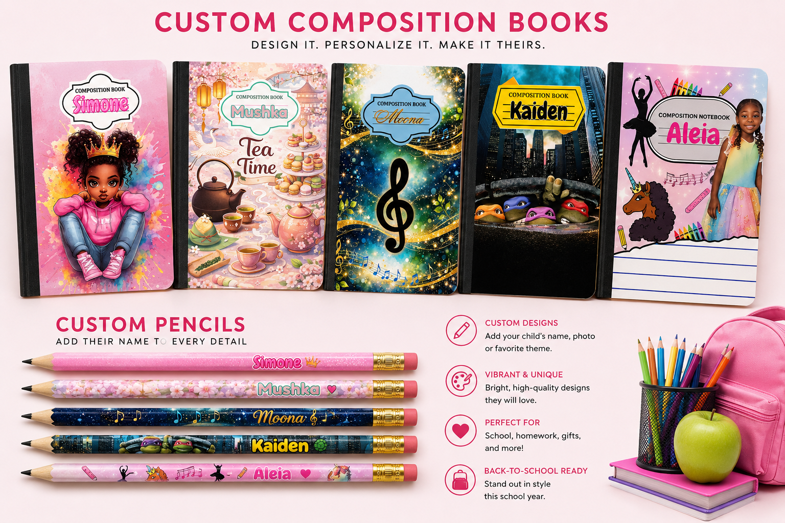 Custom Composition Notebook & Matching Pencil Set for Kids and Adults. 1 Notebook and 5 Pencils